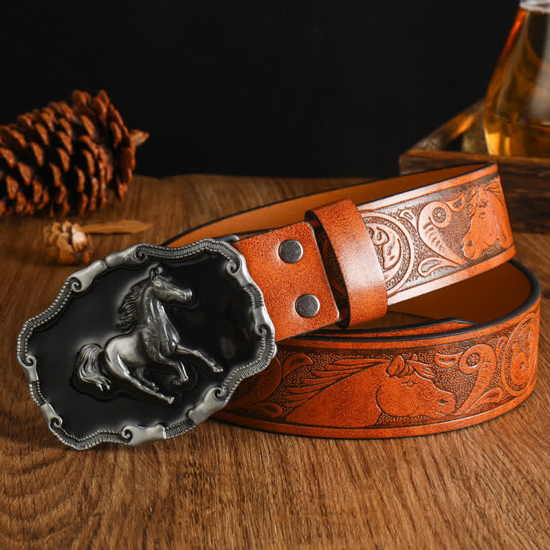 Schwarzer Leder-Gürtel für Herren mit silbernem Pferdemotiv - Stil #6 - 42 - image 11