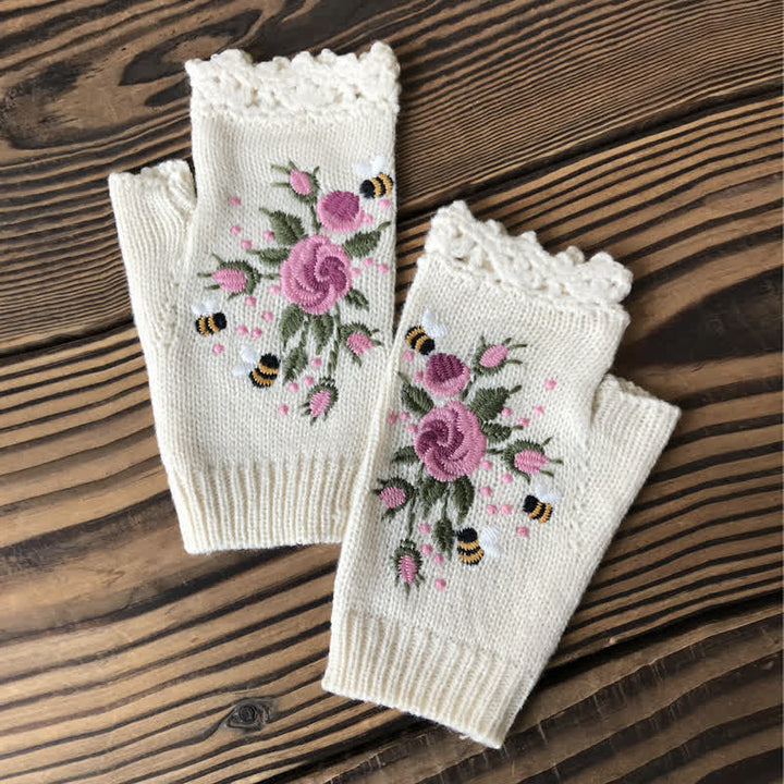 Damen Halbfinger-Strickhandschuhe mit Blumenstickerei