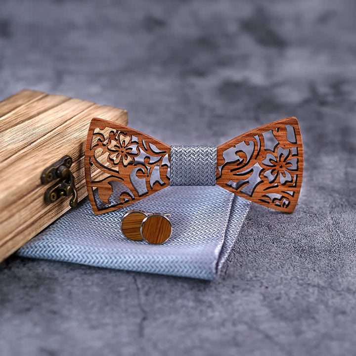 4-teiliges Herren-Set mit hohlen, floralen Holzfliegen