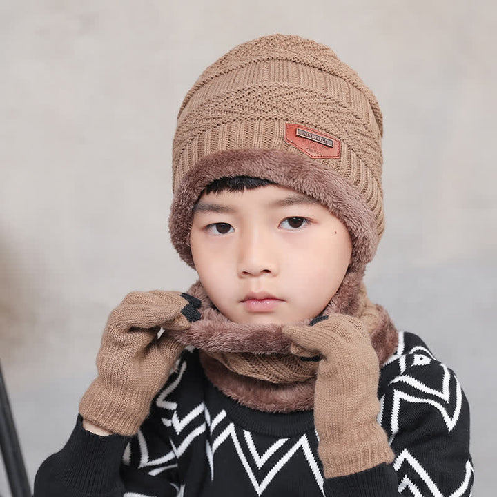3-teiliges Set Erwachsene-Kinder Beanies gestrickte Mütze Schal Handschuhe