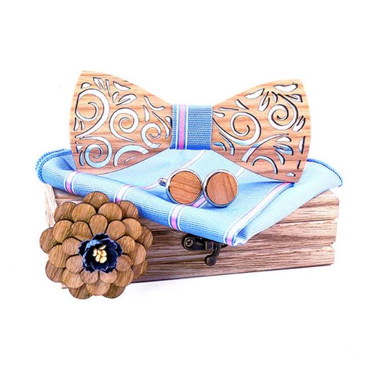 4er Set Herren Holzkrawatte im hohlen Blattdesign