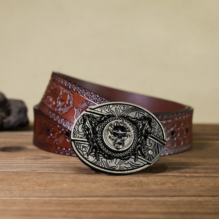 DIY-Ledergürtel für Herren mit drehbarem Totenkopf und verstecktem Klappmesser