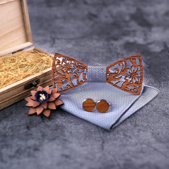 4-teiliges Herren-Set mit hohlen, floralen Holzfliegen