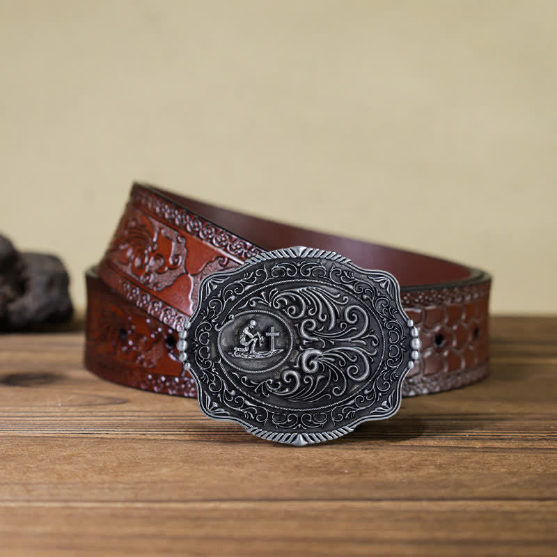 Herren-DIY-Gürtel aus Leder mit gravierter, floraler, ernsthafter Gebetsschnalle