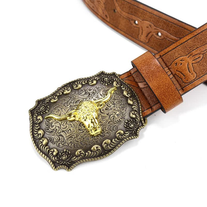 Quadratischer Herren-Ledergürtel mit gravierter Bullenblume
