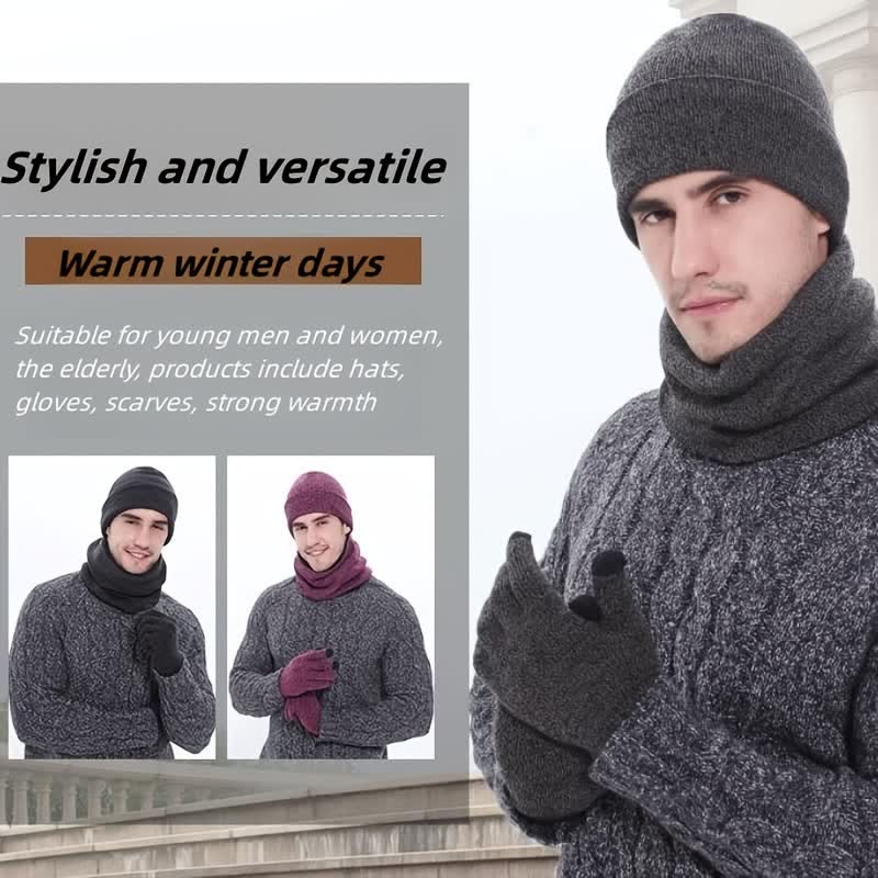 3er Set Warm Beanie Hat Scarf Touchscreen Gloves