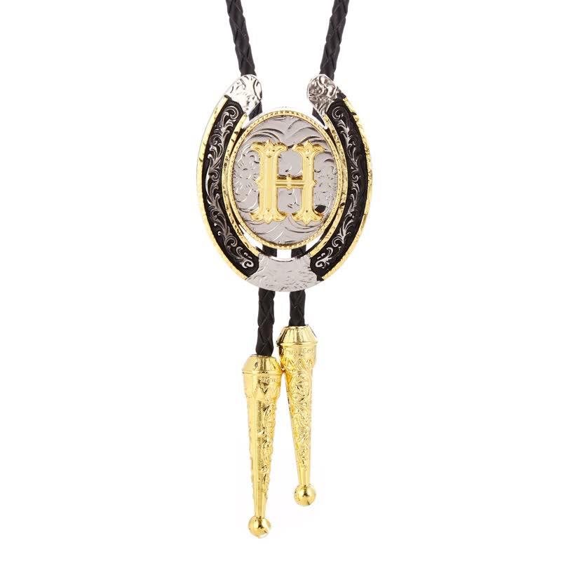 Moderne Western-Hufeisen Anfänglicher Buchstabe A bis Z Bolo Tie - Gold - H - image 11