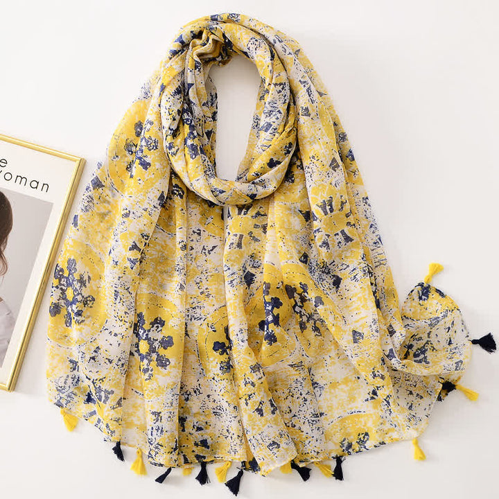 Dünner, hübscher Schal mit Schmetterlings- und Blumenmuster und Quasten für Frauen