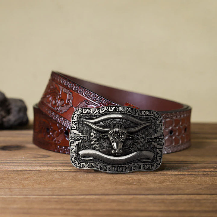 Herren-DIY-Silberne quadratische Langhorn-Stier-Schnallen-Ledergürtel