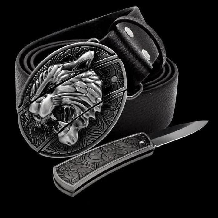 Roaring Tiger Ledergürtel für Herren mit Klappmesser