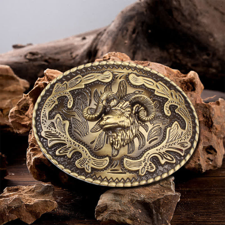 Herren DIY bronzene Wildziegenkopf-Schnalle Ledergürtel