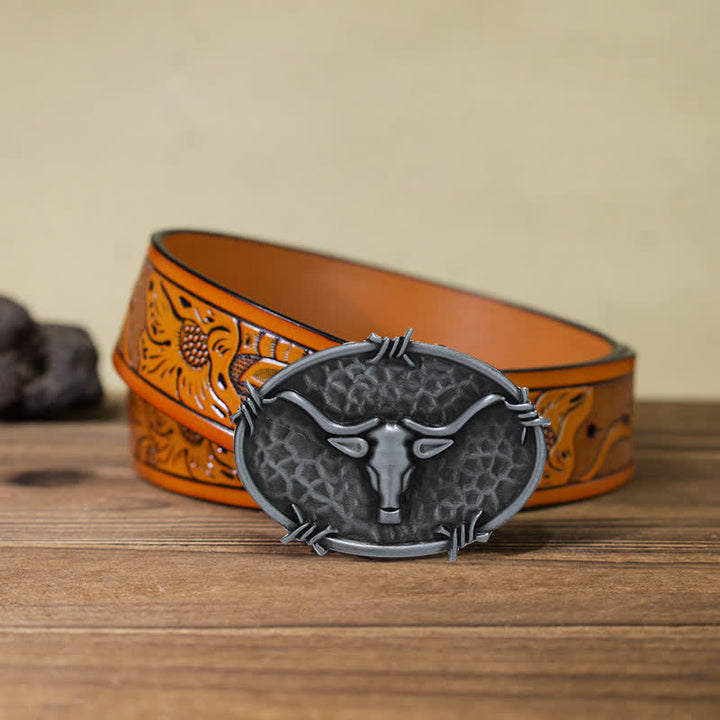 Herren DIY Cowboy Bullenkopf gehämmerte Schnalle Ledergürtel