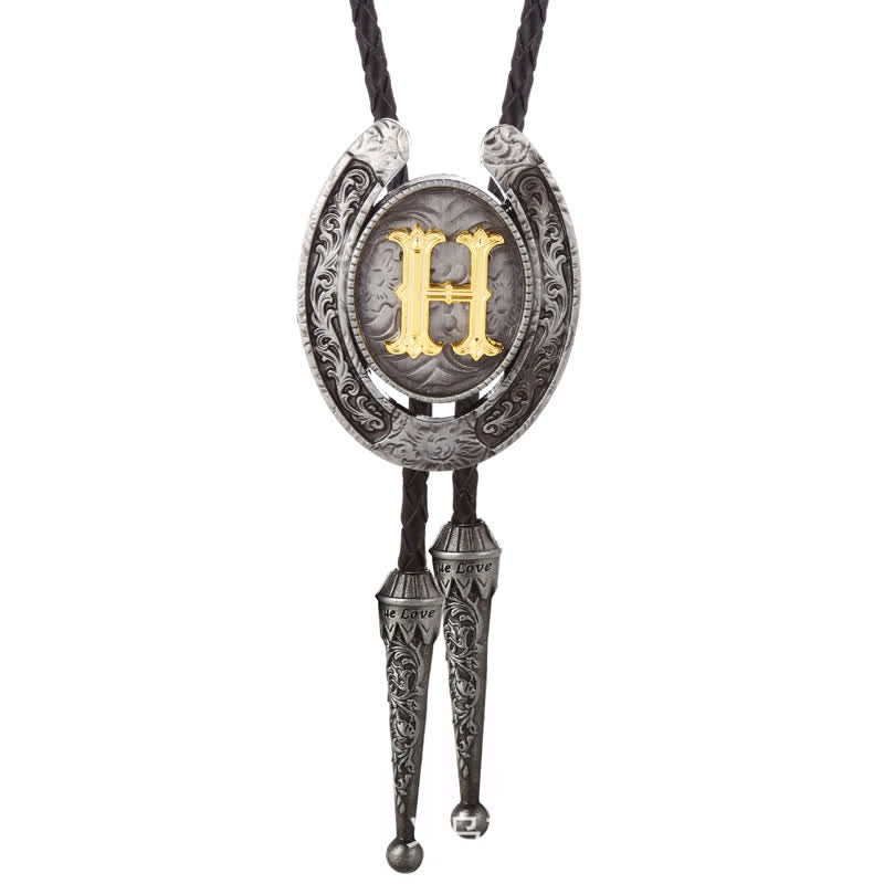 Moderne Western-Hufeisen Anfänglicher Buchstabe A bis Z Bolo Tie - Silber - H - image 37