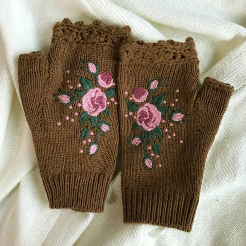 Damen Halbfinger-Strickhandschuhe mit Blumenstickerei