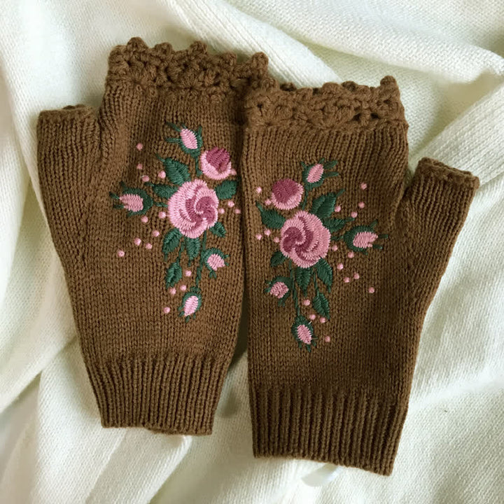 Damen Halbfinger-Strickhandschuhe mit Blumenstickerei