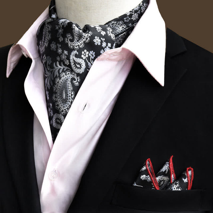 2 Stück Luxus Krawattenset und Stecktuch mit floralen Paisley-Motiven in Schwarz&Weiß