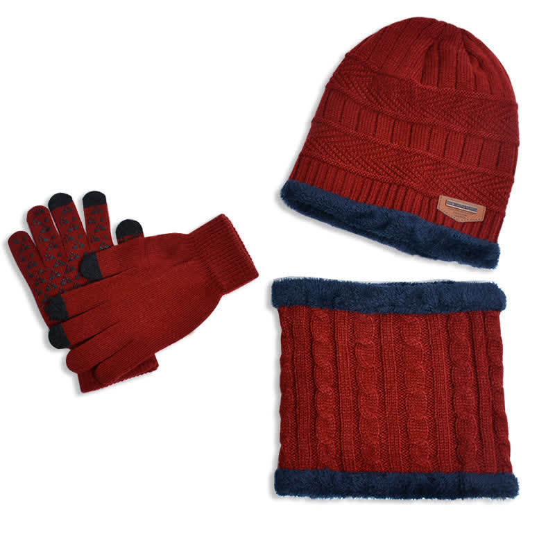 3-teiliges Set Erwachsene-Kinder Beanies gestrickte Mütze Schal Handschuhe