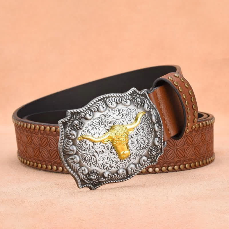 Herrengürtel aus goldenem Longhorn-Bullenleder mit Punknieten