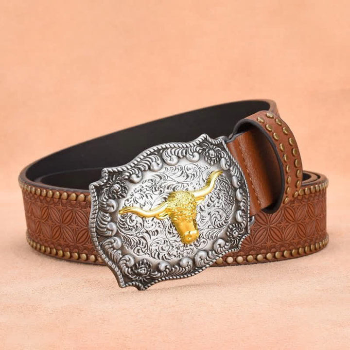 Herrengürtel aus goldenem Longhorn-Bullenleder mit Punknieten