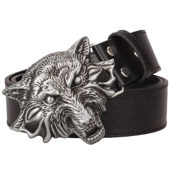 Ledergürtel für Herren mit beeindruckendem Wolfskopf-Gravurdesign
