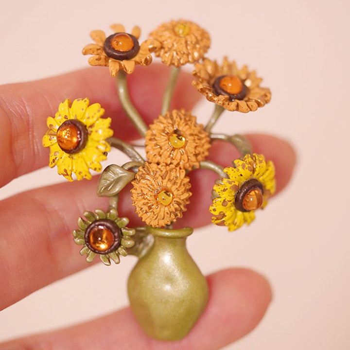 Frauen Emaille Sonnenblumen Vase Brosche