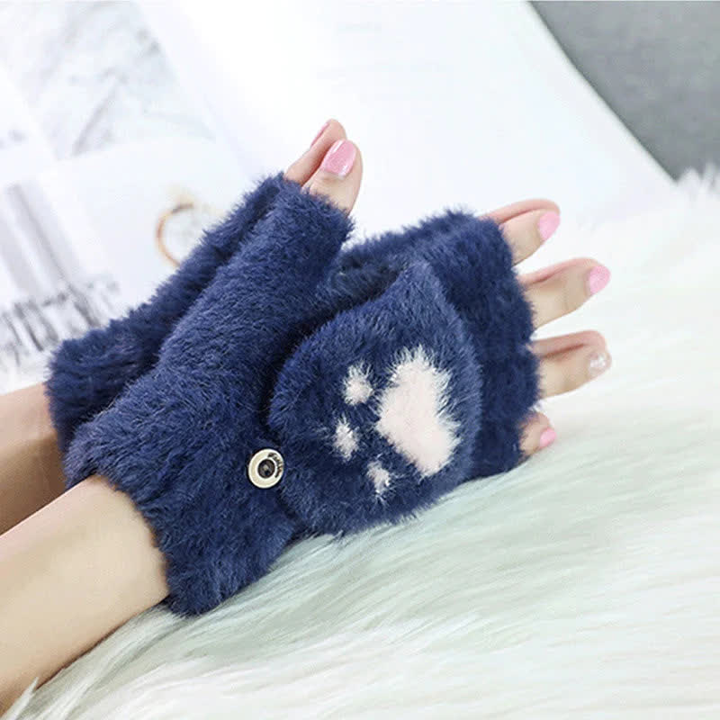 Damen Warme Katzenpfote Print Fäustlinge Flauschige Handschuhe