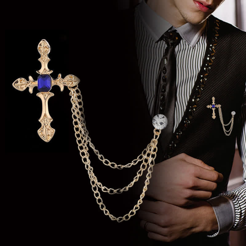 Klassische Kreuz-Kristallketten-Brosche für Männer - Gold & Blau - image 0
