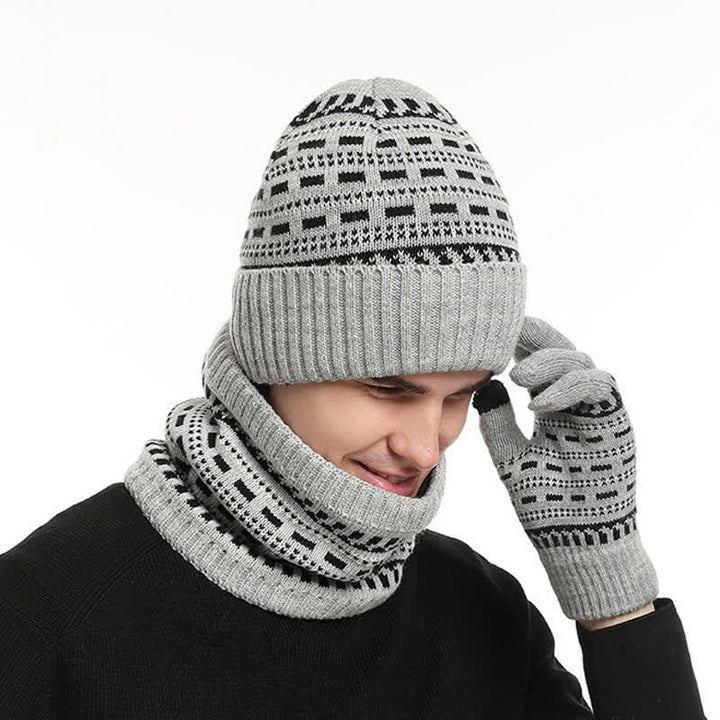 3-tlg. Set aus lockerer, doppellagiger Strickmütze, Schal und Handschuhen