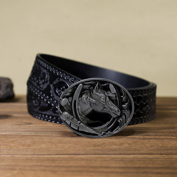 Herren DIY Hufeisen Schwarzer Emaille-Schnalle Ledergürtel