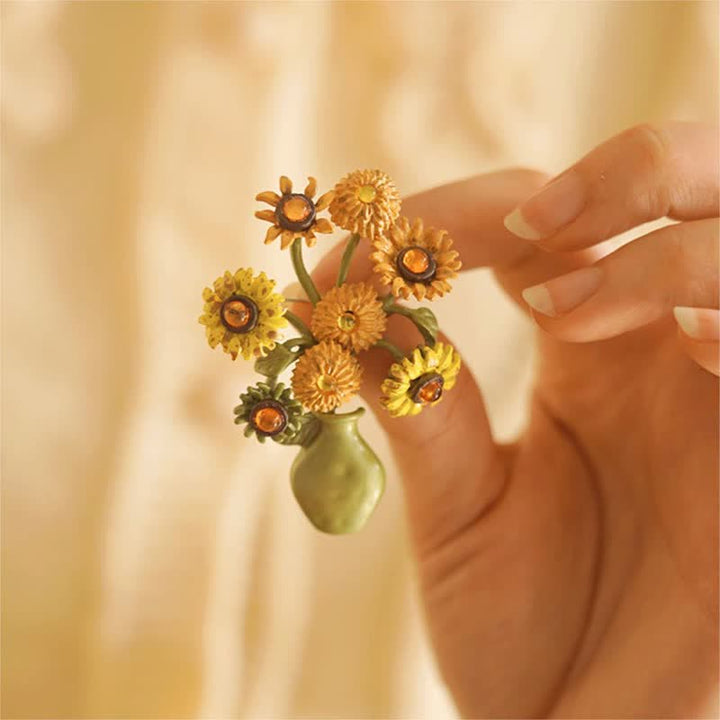 Frauen Emaille Sonnenblumen Vase Brosche
