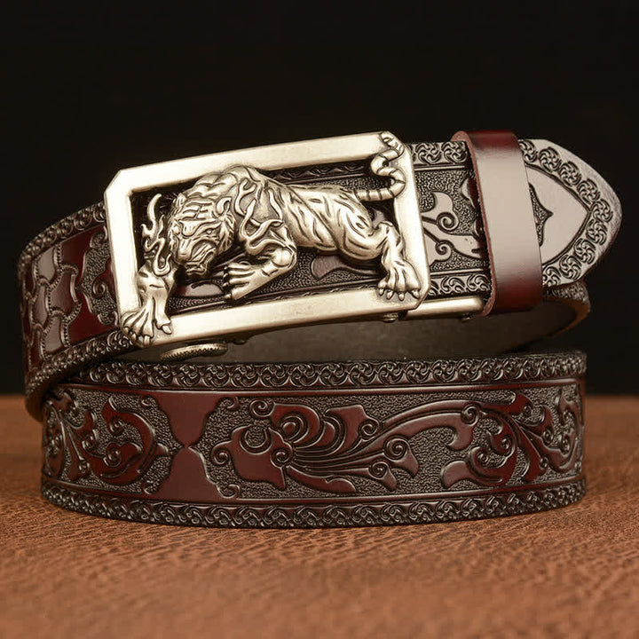 Herren Gürtel mit Tiger-Schließe und Blumenmuster