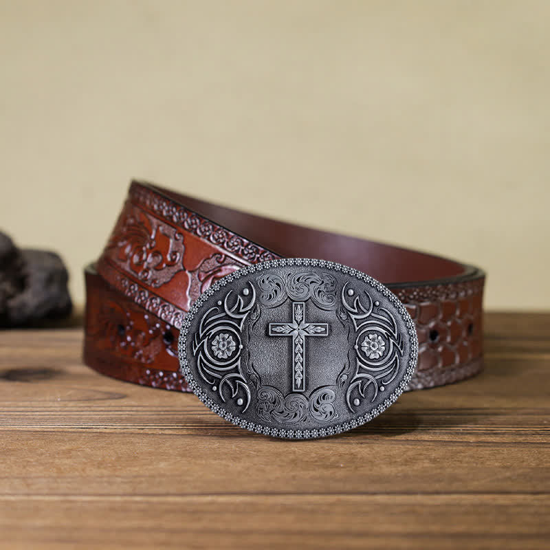DIY Glaubenskreuz Blümchen Schnalle Ledergürtel für Herren