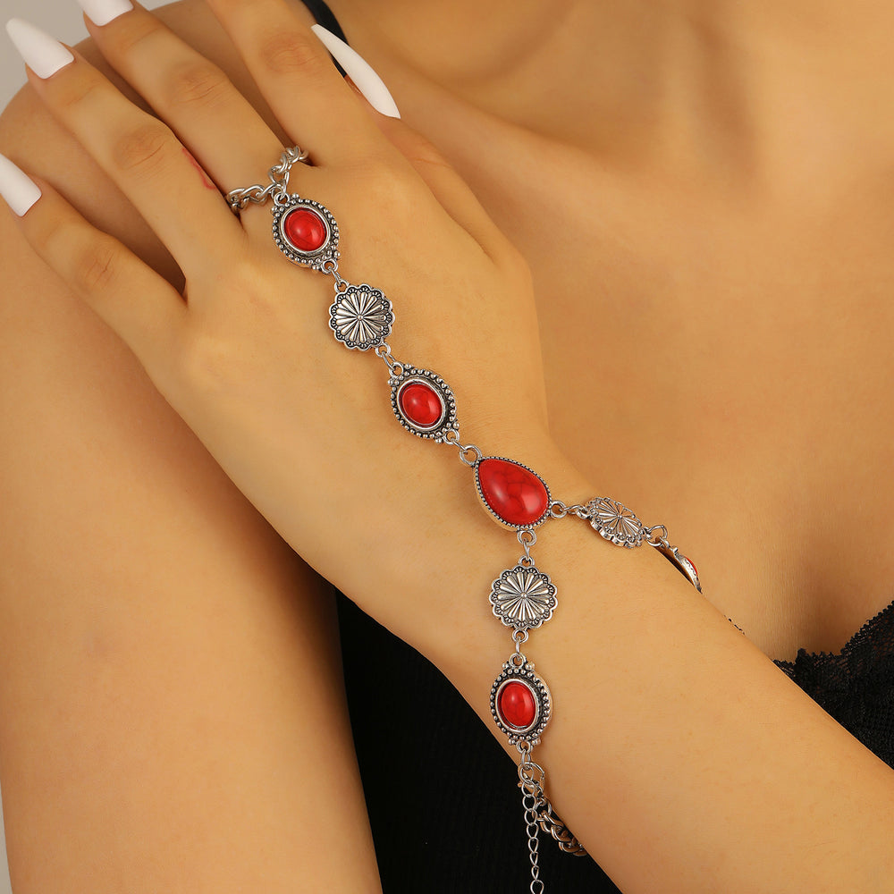 Vintage Boho Oval Tropfenförmiges Armband aus rotem Türkis und silberfarbenem floralem Muster mit Kette und Tragegurt - Rot - image 1