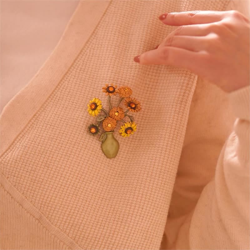 Frauen Emaille Sonnenblumen Vase Brosche