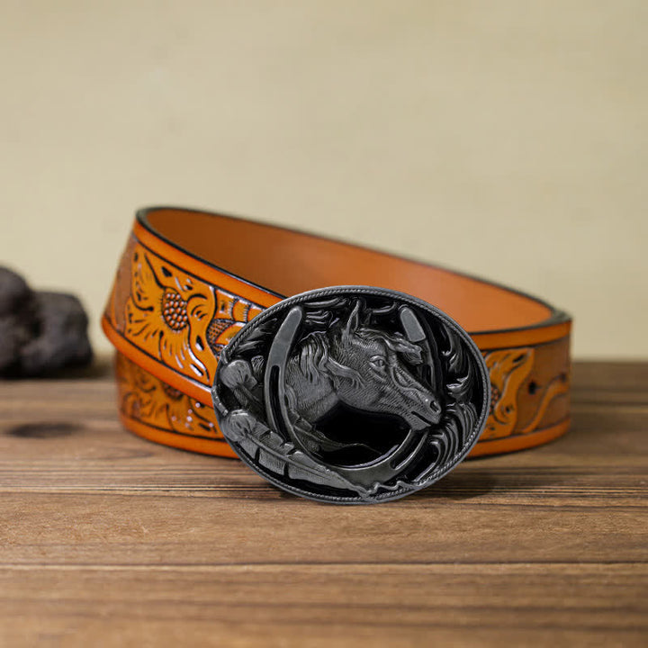 Herren DIY Hufeisen Schwarzer Emaille-Schnalle Ledergürtel