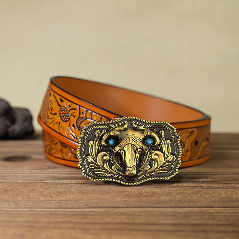 Men's DIY Goat Skull Turquoise Buckle Leder Gürtel