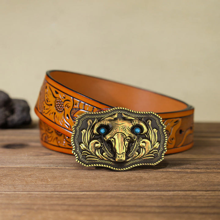 Men's DIY Goat Skull Turquoise Buckle Leder Gürtel