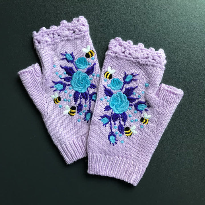 Damen Halbfinger-Strickhandschuhe mit Blumenstickerei